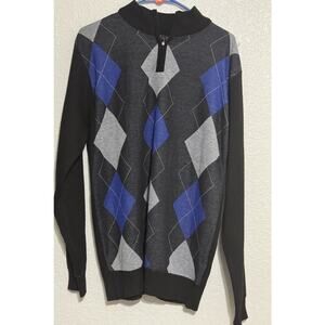 Nevada Black Plaid Quarter Zip Sweater Argyle Pattern Long Sleeve Size Large